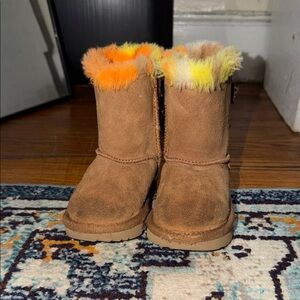 UGG Kids Brown Suede Boots with Orange & Yellow Fur Trim